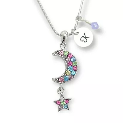 Moon Star Multi Col. Custom Hand Stamped Letter Birthstone Personalized Necklace • $35