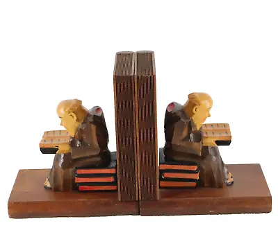 Wooden Carved Bookends Reading Monks MCM Folk Art Hand Carved Pursuit Knowledge • $47