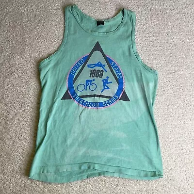 Vintage 80's United States Triathlon Series Tank Top Mens Medium Green 1988 • $15.88