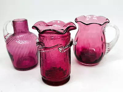 Cranberry Pilgrim Glass  Lot Of 3  Pitchers And Vase  Clear Rigatee Handle Swirl • $20.30