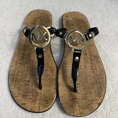 MICHAEL KORS Black Jelly Cork Thongs Flat Sandals Flip Flop Gold US Size 7 • $29.89