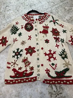 Vintage Hand Knit Christmas Sweater Cardigan Jennifer Reed Large • $28