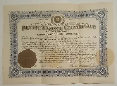 1920 Detroit Masonic Country Club Lifetime Membership Certificate • $45