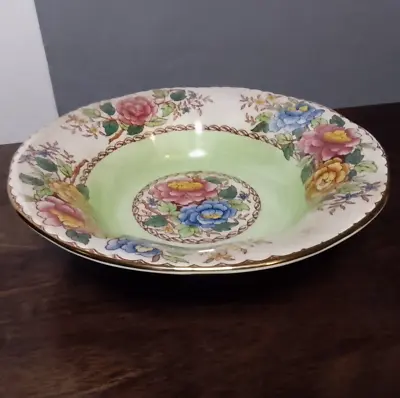 Vintage Maling Peony Rose Decorative Green Bowl 23cm • £6