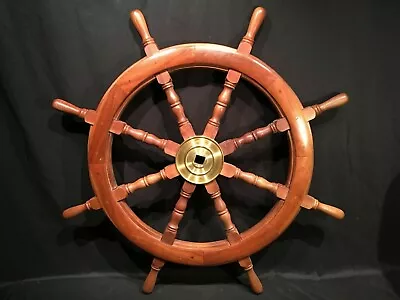 Nautical Wood Brass Ships Wheel 36  8 Spoke Vtg Maritime Yacht Boat Marine Decor • $182.44