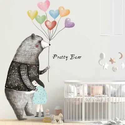 Cute Bear Heart Balloon Wall Decal Baby Cot Decor Nursery Decal Art Mural Gift • £18