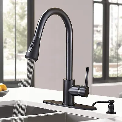 Pull Down Sprayer Kitchen Faucet With Deck Plate &Soap Dispenser Matte Black • $34.69