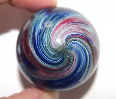 Rare Antique Lobed Swirl Red Blue ONION SKIN MARBLE  1 1/2  German • $149.99