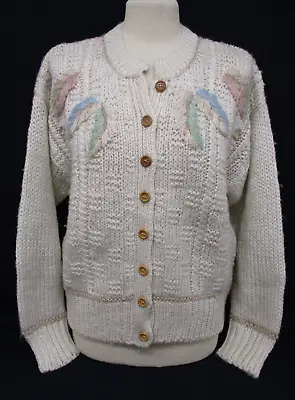 Fairisle Cardigan Handknit White Embroidered Flowers Large UK 16 • £24