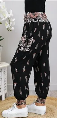 Caroline Morgan Harem Pants Black/Blush Leaves Women's 10  • $15