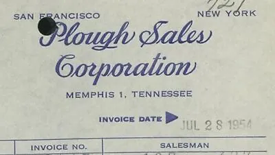 1954 Plough Sales Corporation Memphis New York San Francisco Clothes Invoice 354 • $8.54