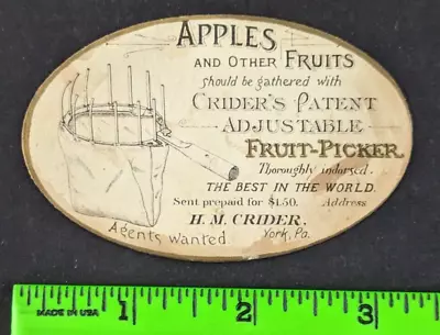 Vintage 1890's Crider's Adjustable Fruit Picker York Pennsylvania Business Card • $19.95