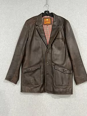 Men's The Territory Ahead Brown Leather Blazer Jacket Red Plaid Lining Size LT • $49.99