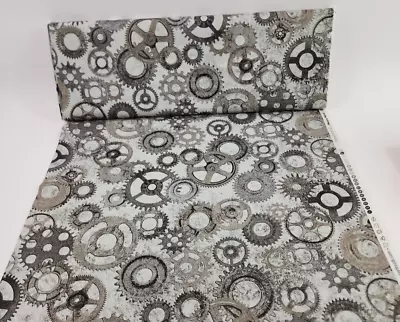 Gears Cogs & Wheels Gray Silver Metallic Fabric Heavy Metal Steampunk BTY • $11.99