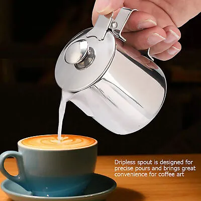 Stainless Steel Coffee Cup Mug Milk Frothing Pitcher Jug With Lid Coffee Tools • £11.96