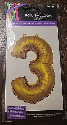 13  Gold Number 3 Mylar Foil Balloon W/Inflating Straw NEW In Original Package • $3