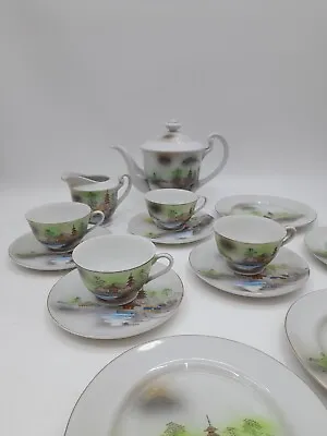 Vintage Handpainted Japanese Tea Set - Porcelain Teapot Teacups Saucers 14pc • £24.99