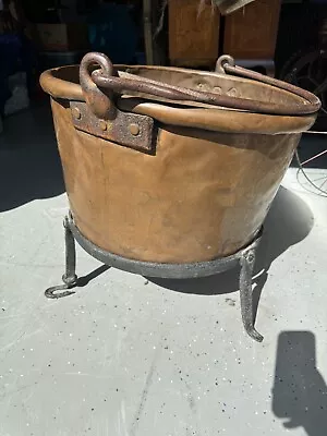 Antique Early American Copper Cauldron With Rare Wrought Iron Canted Stand • $4200