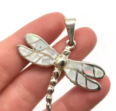 925 Sterling Silver Vintage Opal Inlay Dragonfly Pendant • $70