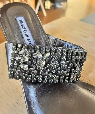 Auth Manolo Blahnik Swarovski Jewel Pewter Leather High Heel Sandals-Size 39.5 • $135.96