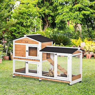 62  Wooden Rabbit Hutch With Wheels Run Box No Leak Tray And Ramp Yellow • $204.99