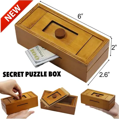 Rare Secret Puzzle Box Brain Teaser Wooden Money Holder Storage Compartment New • $16.99
