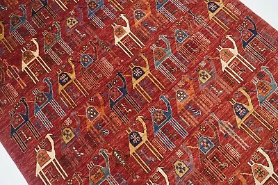 6x9 Ft Red Camel Train Gabbeh Afghan Hand Knotted Wool Tribal Area Rug • $3997.50