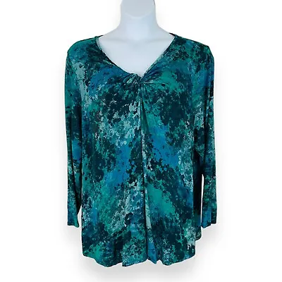 H By Halston Women's Plus Size 2X Abstract Print Twist V-Neck Green Blue Top • $14.50