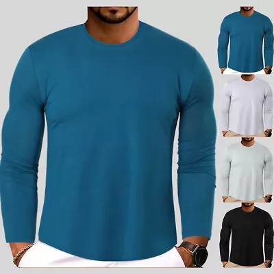Mens Long Sleeve Muscle Solid Slim Fit Tunic Tops Casual Pullover Basic Blouse • $18.29