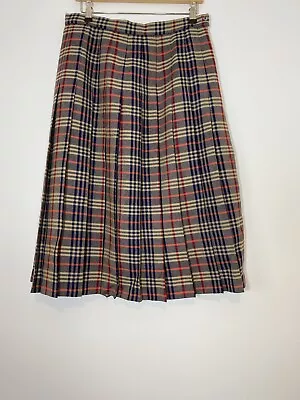 Murray Brothers Tartan Skirt Pleated 100% Wool Hawick Brown Navy Vintage Size 16 • £27.99