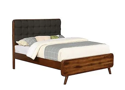 Mid Century Modern Dark Walnut Leatherette Tufted Queen Bed Bedroom Furniture • $699