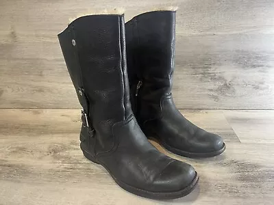 UGG 5745 Bellvue Leather Fold Over Sheepskin Lined Boots Women Size 7 Black • $29.95