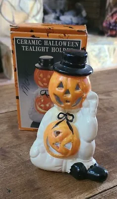 Vtg Halloween Ceramic Pumpkin Man Ghost Jack O Lantern Tea Candle Holder K Mart • $12.99