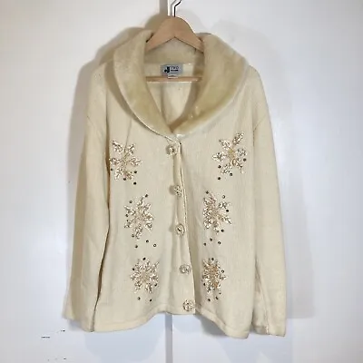 JTwo Vintage Cardigan Sweater Size XXL Sequin Snowflakes Soft Faux Fur Collar • $39.99