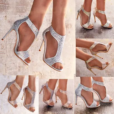Ladies Diamante High Heel Sandals Shoes T-bar Evening Party Wedding UK Size 3-8 • £19.95