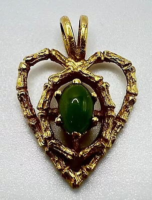 Vintage Zales Bamboo Textured 14k Gold And Nephrite Heart Pendant- Signed F.J.G. • $147.50