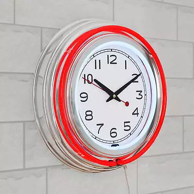 Retro Neon Wall Clock Battery Operated Wall Clock Vintage Round Analog Red • $70.45