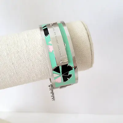 Marc Jacobs Silvertone Mint Green Enamel Cuff Hinged Bangle Bracelet Small 6.75  • $65