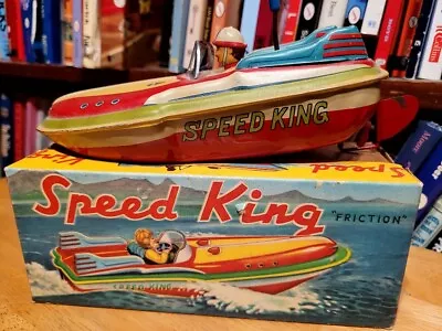 SELDOM SEEN VINTAGE 1950's  TIN WIND UP SPEED KING BOAT WITH DRIVER In BOX • $84.95