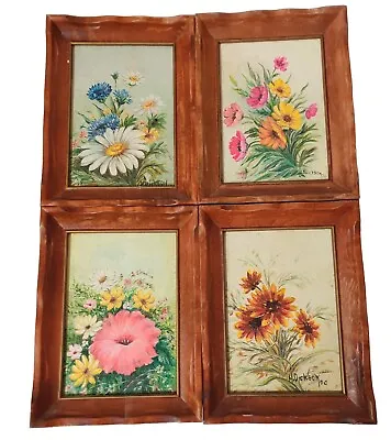 Vtg Small Oil Painting On Canvas Board Flowers Wood Frames Signed H Dickson 70' • $90