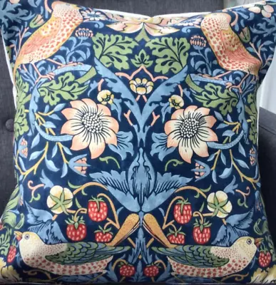 CUSHION- WILLIAM MORRIS ‘STRAWBERRY THIEF’ Blue Shades Large Print 16” Square • £6.50