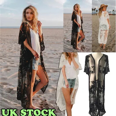 Women Ladies Bikini Cover Up Lace Cardigan Top Beach Cape Chiffon Dress Kimono- • £7.99