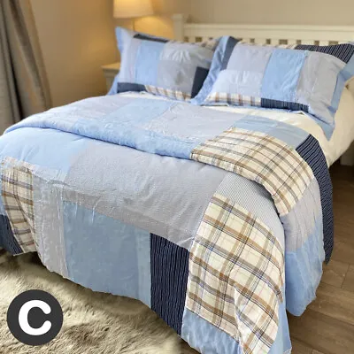 £39.95 • Buy Luxury Double / King Size Bedspread Set Country Cottage Blue Patchwork Check