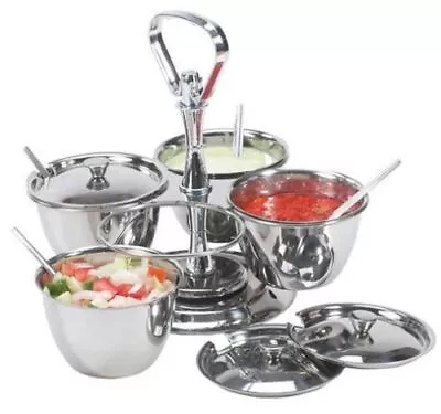 Revolving Relish Server 4 & 3 Bowls With Lids & Spoons Condiment Sauce Chutney • £16.99