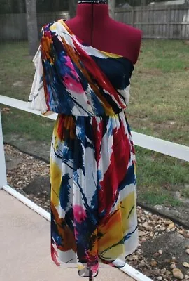 Mint Water Color One Shoulder Silk Dress Size 4 EUC  • $54.99