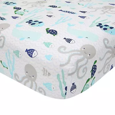 Lambs & Ivy Oceania Cotton Fitted Crib Sheet - Blue Gray White Aquatic • $23.99