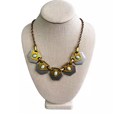 J Crew Statement Necklace Metal Hexagon Egyptian Silver Gold Blue Tone 22  • $34.99