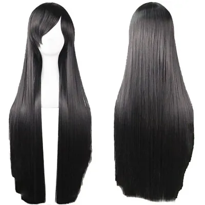 $8 • Buy Black Straight Sleek Long Full Hair Wig Side Bangs Cosplay 31 Inch Long