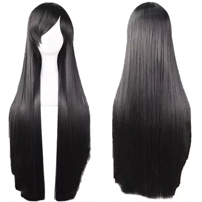 Black Straight Sleek Long Full Hair Wig Side Bangs Cosplay 31 Inch Long • $9.02