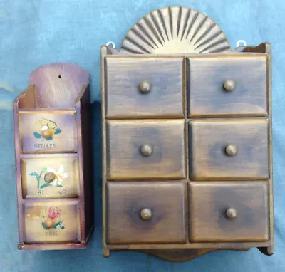 Vintage Wood Spice Drawer Cabinet Box With Scallop Top And Sewing Box - Lot Of 2 • $64.50